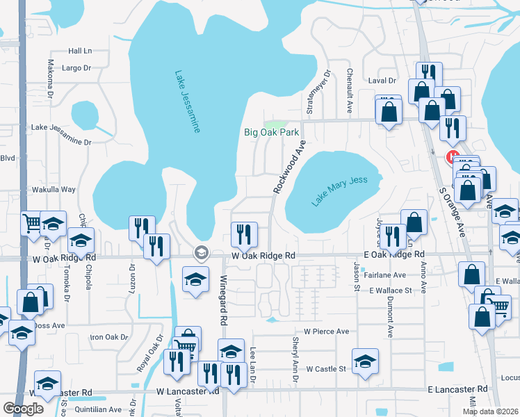 map of restaurants, bars, coffee shops, grocery stores, and more near 425 Roselawn Drive in Orlando