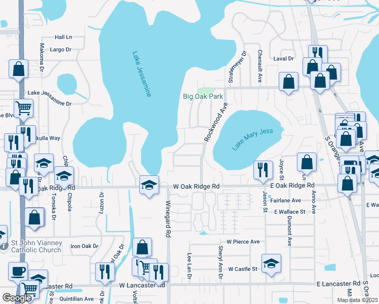 map of restaurants, bars, coffee shops, grocery stores, and more near 425 Roselawn Drive in Orlando