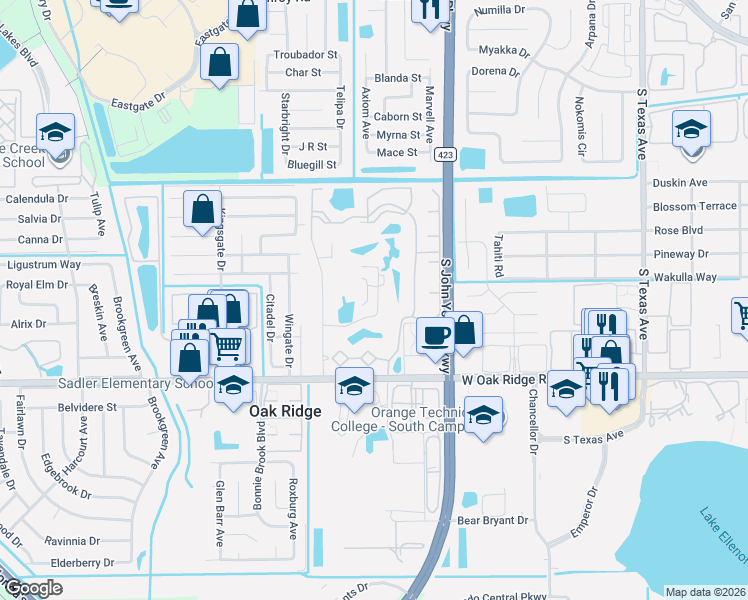 map of restaurants, bars, coffee shops, grocery stores, and more near 5630 Pga Boulevard in Orlando
