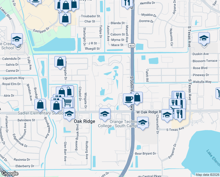 map of restaurants, bars, coffee shops, grocery stores, and more near 3726 Palm Desert Lane in Orlando