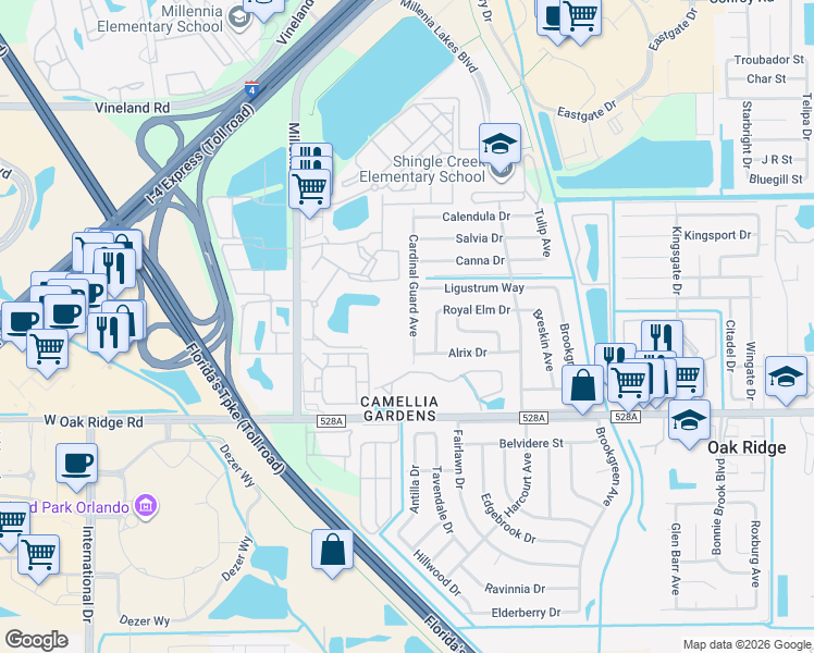 map of restaurants, bars, coffee shops, grocery stores, and more near 5710 Cardinal Guard Avenue in Orlando