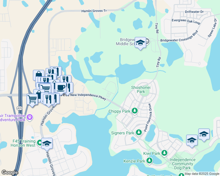 map of restaurants, bars, coffee shops, grocery stores, and more near 15601 New Independence Parkway in Winter Garden