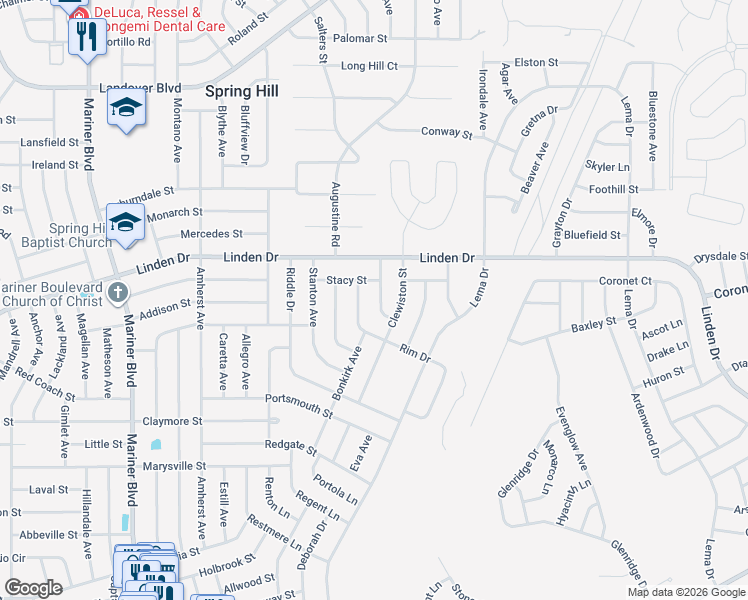 map of restaurants, bars, coffee shops, grocery stores, and more near 3059 Hoban Avenue in Spring Hill