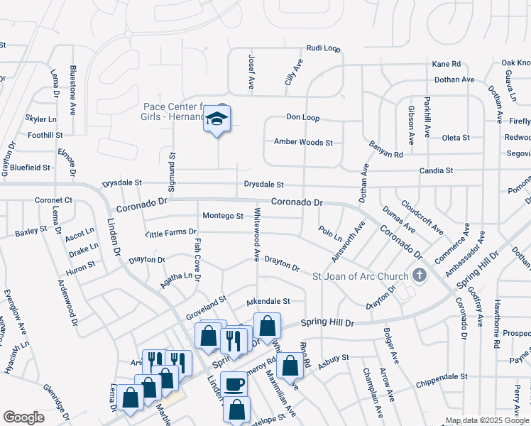 map of restaurants, bars, coffee shops, grocery stores, and more near 14473 Coronado Drive in Spring Hill