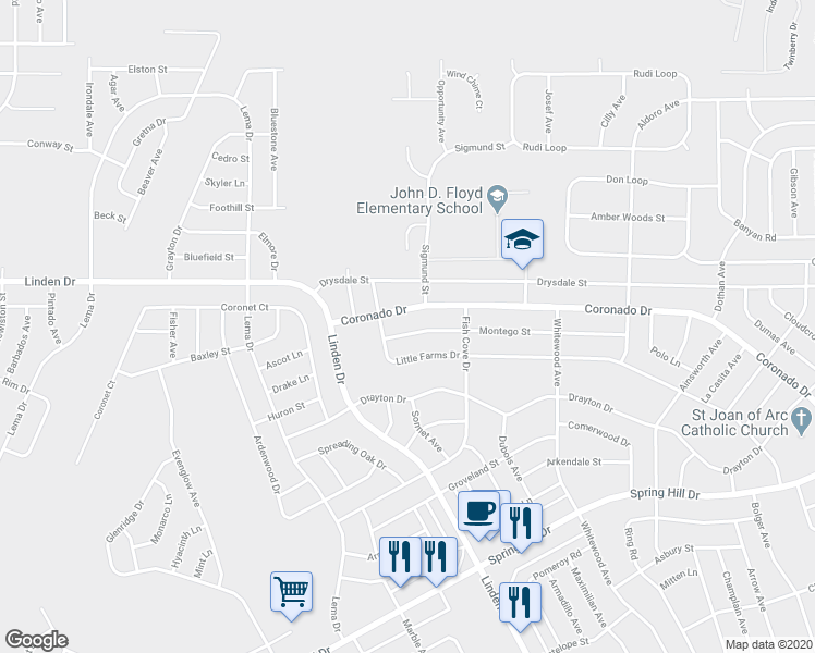 map of restaurants, bars, coffee shops, grocery stores, and more near 12451 Montego Street in Spring Hill