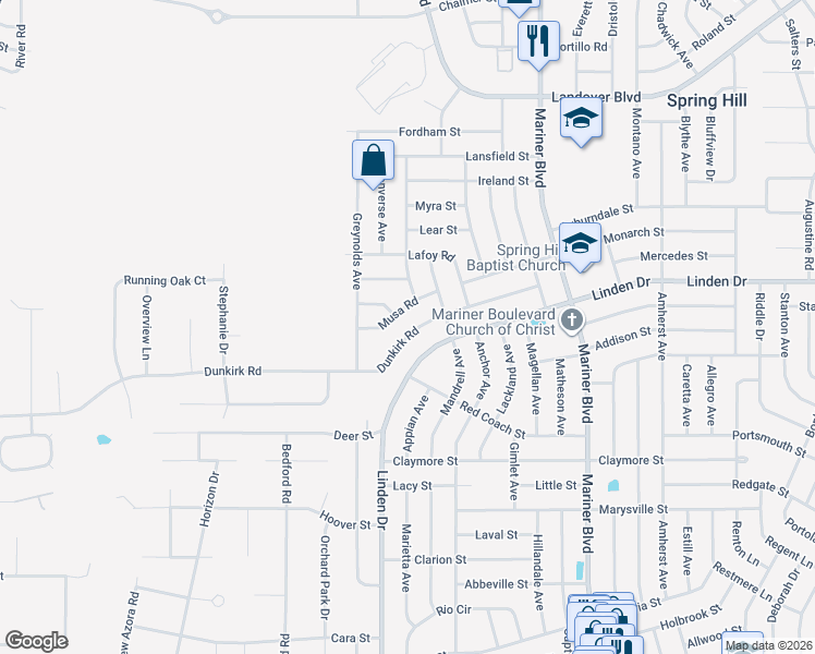 map of restaurants, bars, coffee shops, grocery stores, and more near 10339 Adler Street in Spring Hill