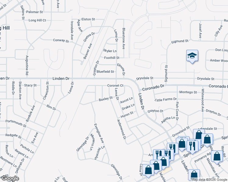 map of restaurants, bars, coffee shops, grocery stores, and more near 3772 Lema Drive in Spring Hill