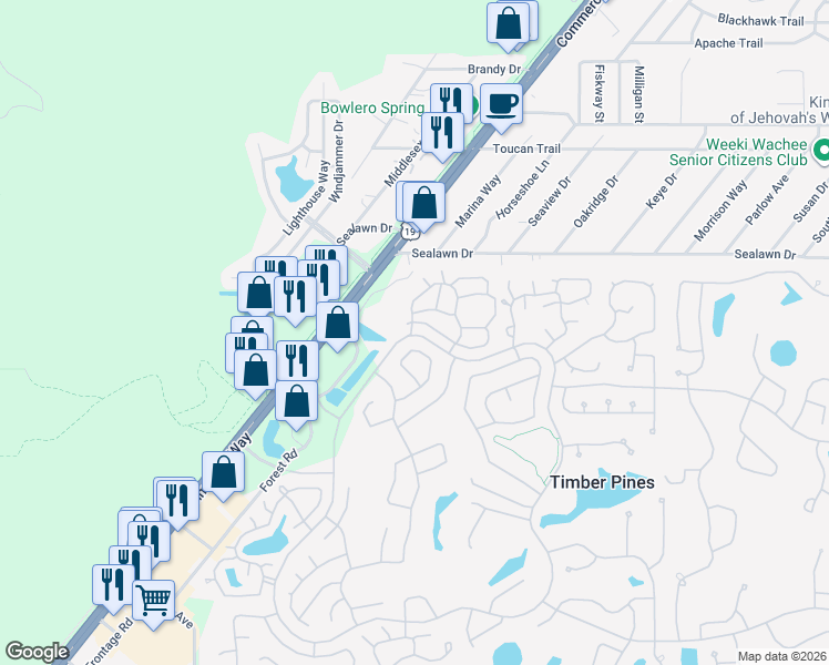 map of restaurants, bars, coffee shops, grocery stores, and more near 6872 Timber Pines Boulevard in Spring Hill