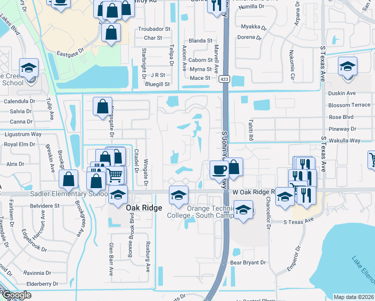 map of restaurants, bars, coffee shops, grocery stores, and more near 3726 Palm Desert Lane in Orlando
