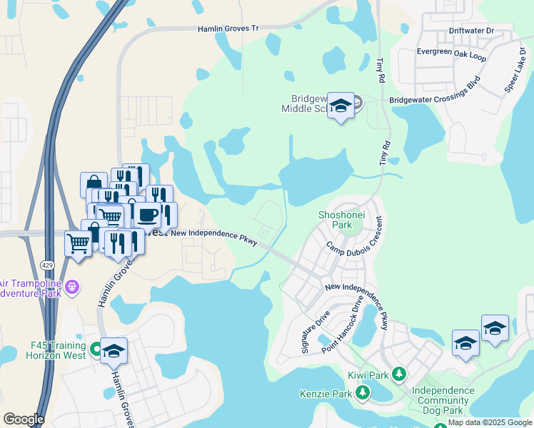 map of restaurants, bars, coffee shops, grocery stores, and more near 15601 New Independence Parkway in Winter Garden