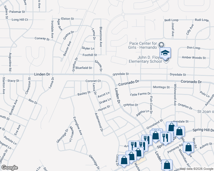 map of restaurants, bars, coffee shops, grocery stores, and more near 3302 Coronet Court in Spring Hill