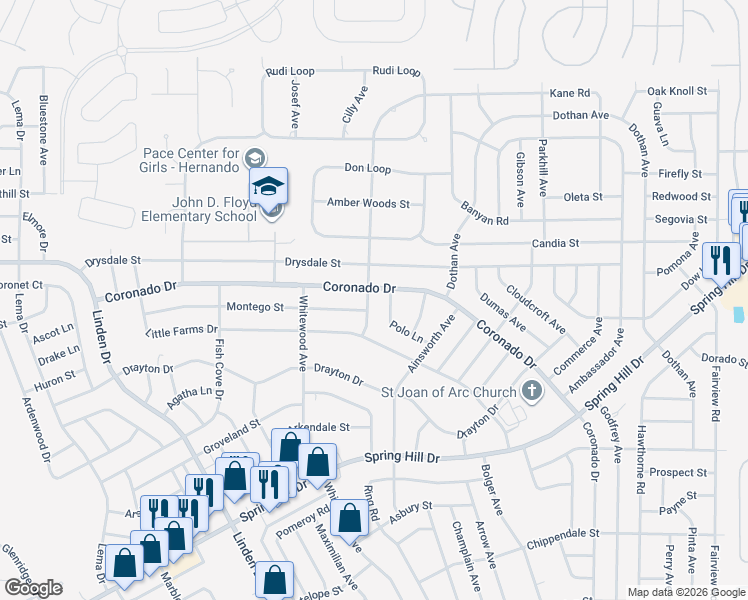 map of restaurants, bars, coffee shops, grocery stores, and more near 3058 Aldoro Avenue in Spring Hill