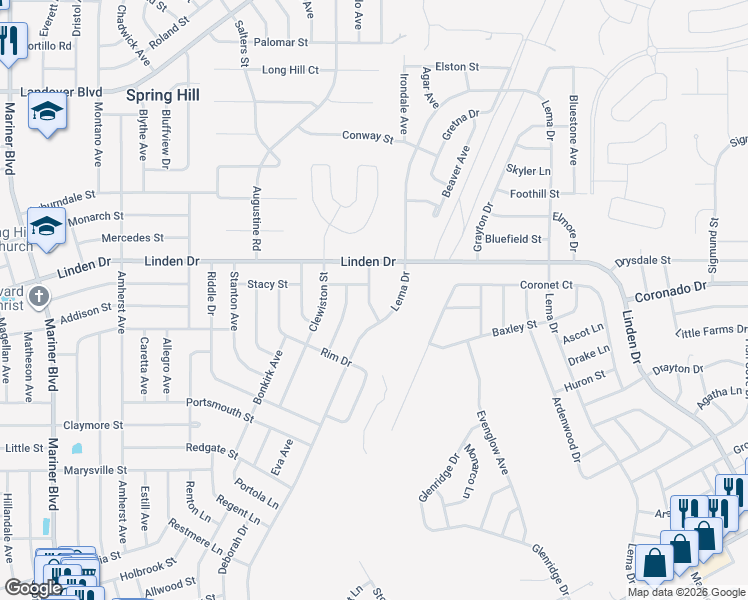 map of restaurants, bars, coffee shops, grocery stores, and more near 3069 Pintado Avenue in Spring Hill