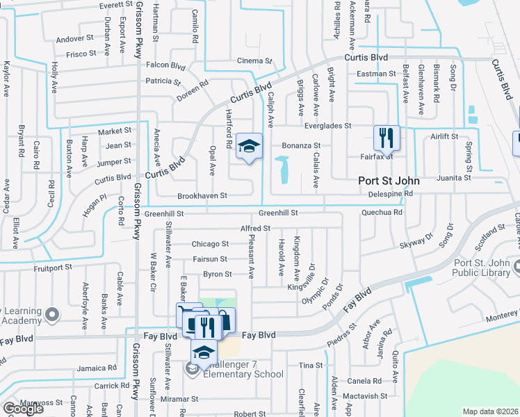 map of restaurants, bars, coffee shops, grocery stores, and more near 4575 Delespine Road in Cocoa