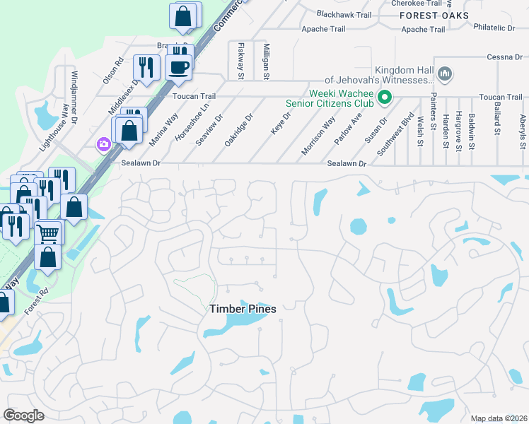 map of restaurants, bars, coffee shops, grocery stores, and more near 6832 Royal Ridge Court in Spring Hill