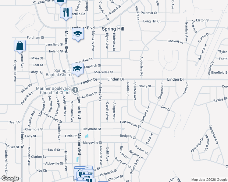 map of restaurants, bars, coffee shops, grocery stores, and more near 11192-11200 Marquette Street in Spring Hill