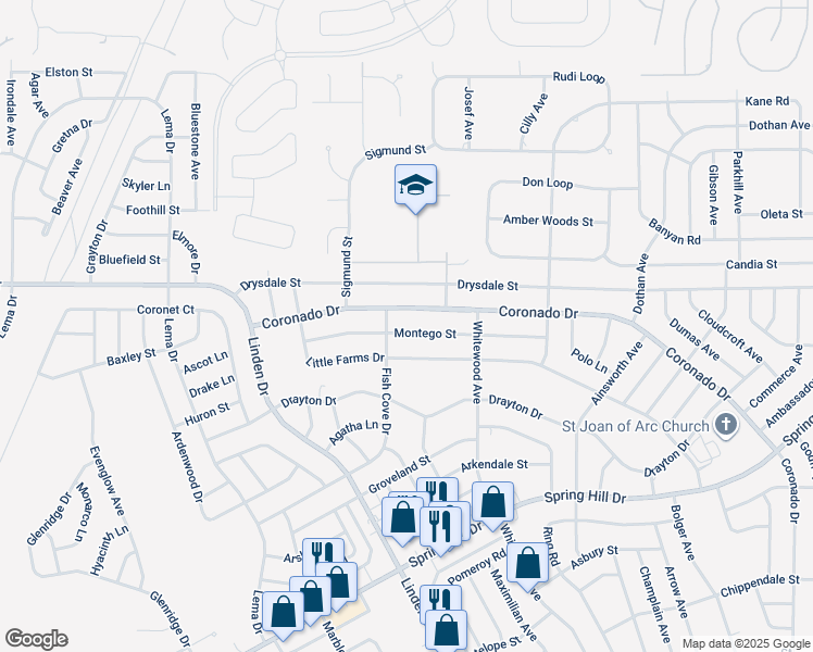 map of restaurants, bars, coffee shops, grocery stores, and more near 13063 Montego Street in Spring Hill