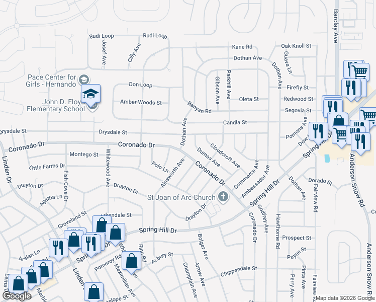 map of restaurants, bars, coffee shops, grocery stores, and more near 3699 Dothan Avenue in Spring Hill