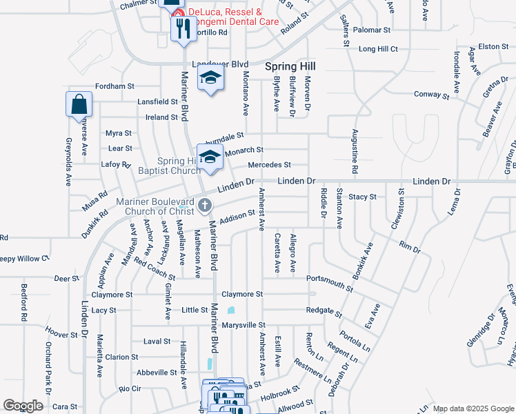 map of restaurants, bars, coffee shops, grocery stores, and more near 3069 Amherst Avenue in Spring Hill