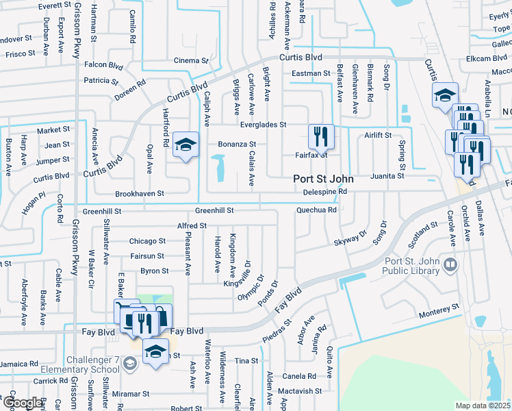 map of restaurants, bars, coffee shops, grocery stores, and more near 4445 Delespine Road in Cocoa