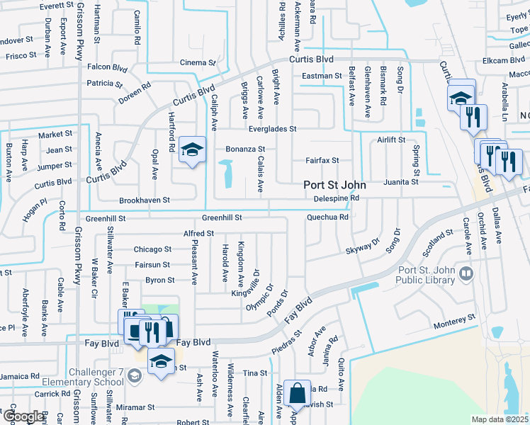 map of restaurants, bars, coffee shops, grocery stores, and more near 4445 Delespine Road in Cocoa