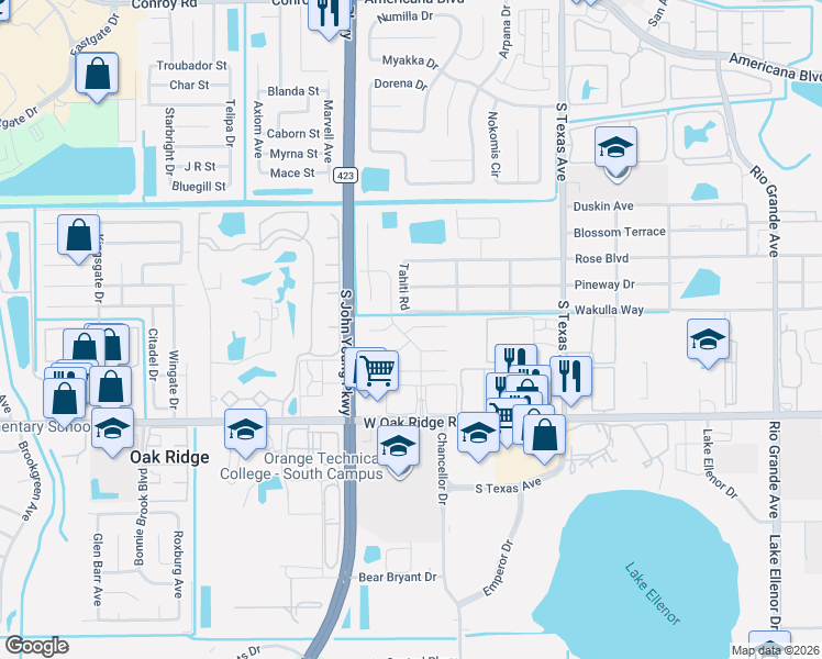 map of restaurants, bars, coffee shops, grocery stores, and more near 5695 Oak Hill Manor Drive in Orlando