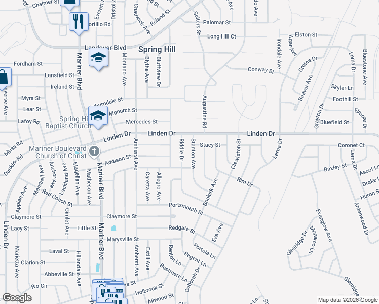 map of restaurants, bars, coffee shops, grocery stores, and more near 11209 Riddle Drive in Spring Hill