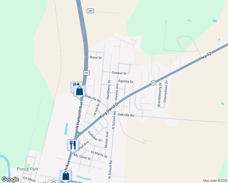 map of restaurants, bars, coffee shops, grocery stores, and more near 1610 Owens Avenue in Three Rivers