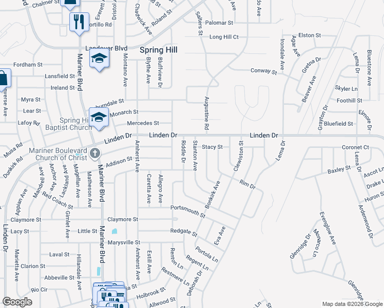 map of restaurants, bars, coffee shops, grocery stores, and more near 3053 Stanton Avenue in Spring Hill