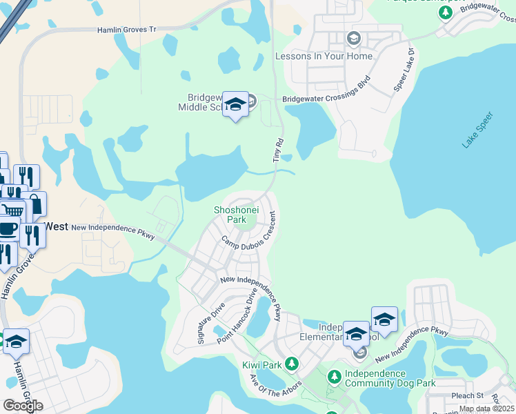 map of restaurants, bars, coffee shops, grocery stores, and more near 15406 Fort Clatsop Crescent in Winter Garden