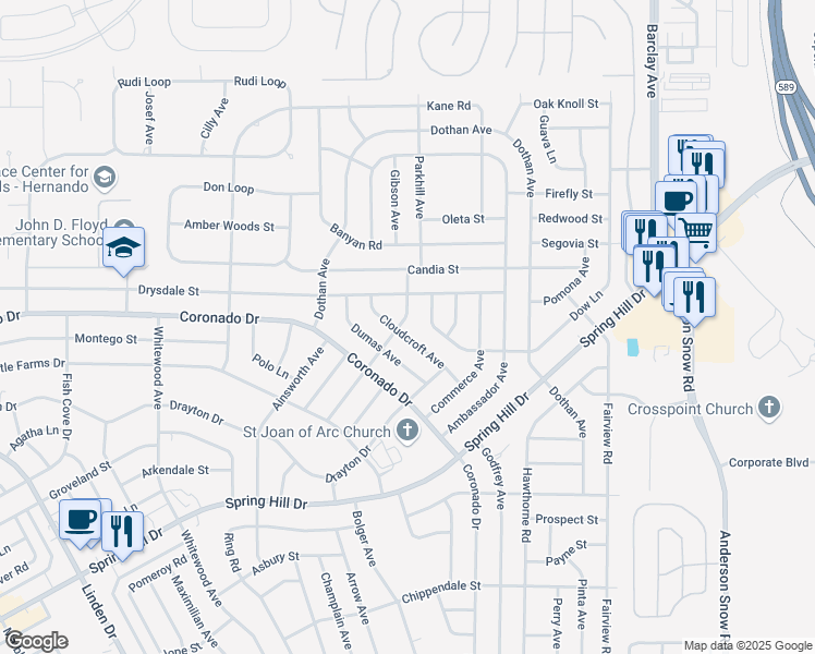 map of restaurants, bars, coffee shops, grocery stores, and more near 13515 Bonita Avenue in Spring Hill