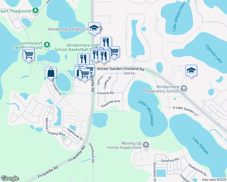 map of restaurants, bars, coffee shops, grocery stores, and more near 13237 Fossick Road in Windermere