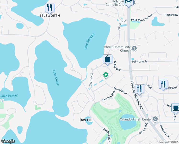 map of restaurants, bars, coffee shops, grocery stores, and more near 5554 Shore Court in Orlando