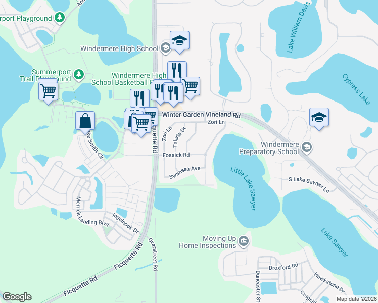 map of restaurants, bars, coffee shops, grocery stores, and more near 6242 Andreozzi Lane in Windermere