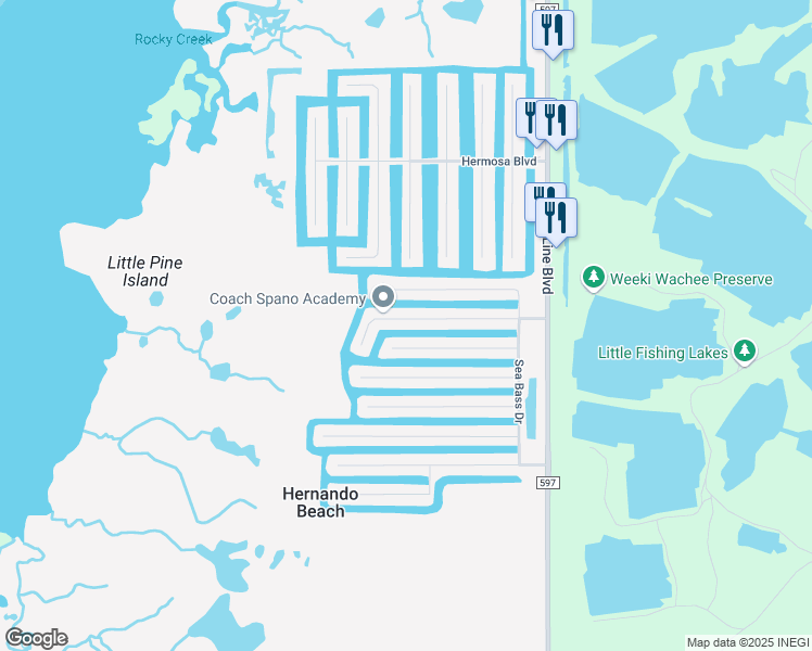 map of restaurants, bars, coffee shops, grocery stores, and more near 3448 Bluefish Drive in Hernando Beach