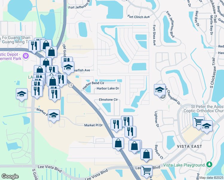 map of restaurants, bars, coffee shops, grocery stores, and more near 7685 Harbor Lake Drive in Orlando