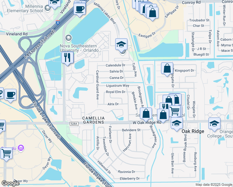map of restaurants, bars, coffee shops, grocery stores, and more near 4532 Royal Elm Drive in Orlando