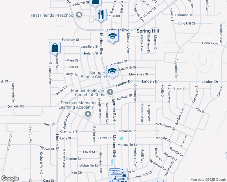map of restaurants, bars, coffee shops, grocery stores, and more near 12478 Linden Drive in Spring Hill