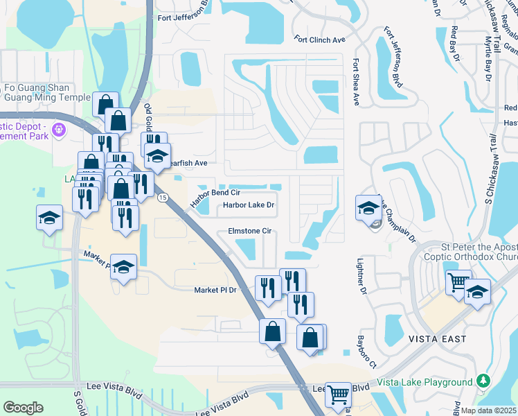 map of restaurants, bars, coffee shops, grocery stores, and more near 7685 Harbor Lake Drive in Orlando
