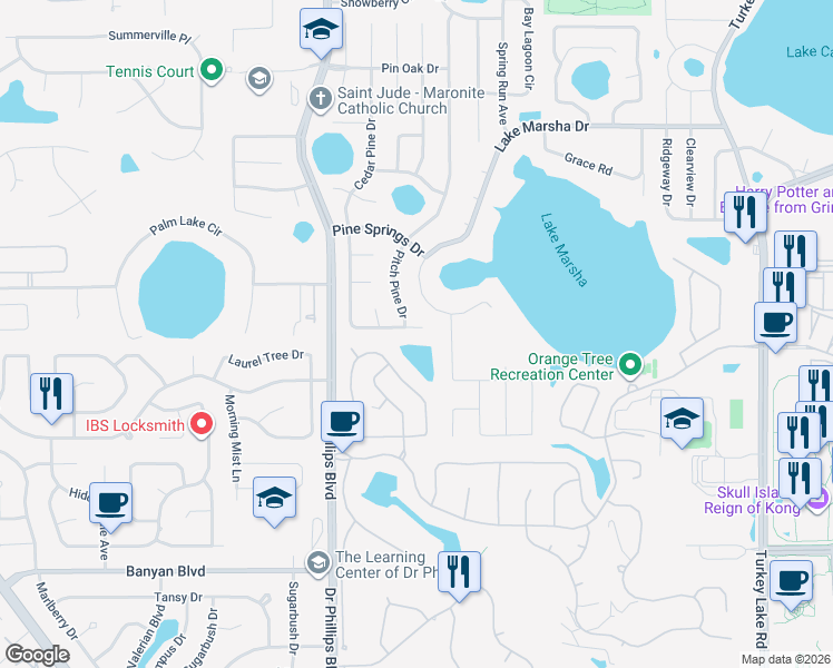 map of restaurants, bars, coffee shops, grocery stores, and more near 6163 Cedar Pine Drive in Orlando