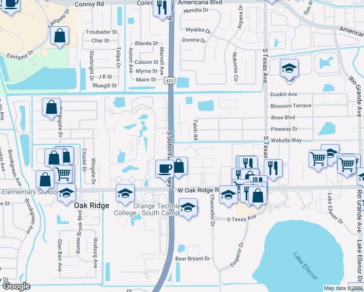 map of restaurants, bars, coffee shops, grocery stores, and more near 5688 Suncreek Court in Orlando