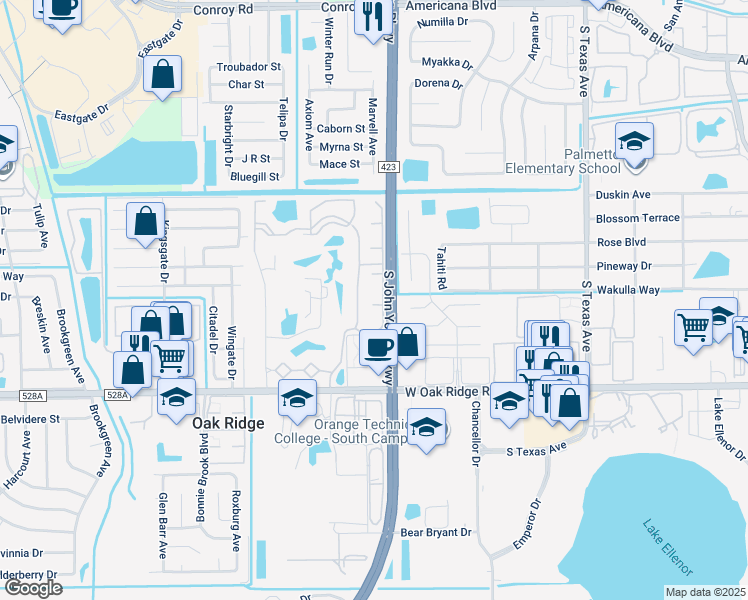 map of restaurants, bars, coffee shops, grocery stores, and more near 3907 Golden Bear Court in Pine Castle