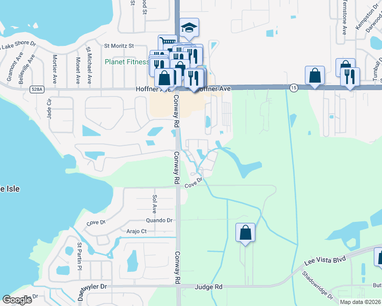 map of restaurants, bars, coffee shops, grocery stores, and more near 4503 Cove Drive in Orlando