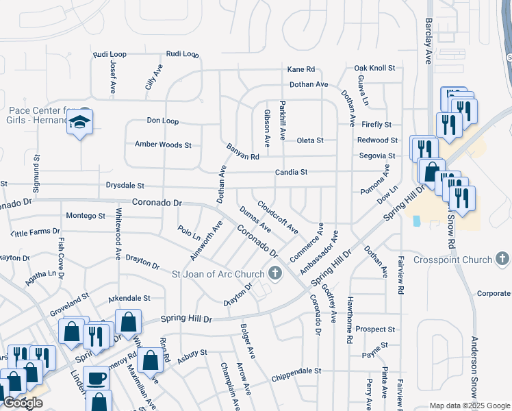 map of restaurants, bars, coffee shops, grocery stores, and more near 3123 Cloudcroft Avenue in Spring Hill