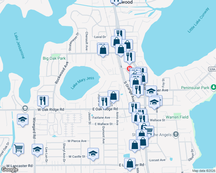 map of restaurants, bars, coffee shops, grocery stores, and more near 207 Lake Mary Drive in Orlando