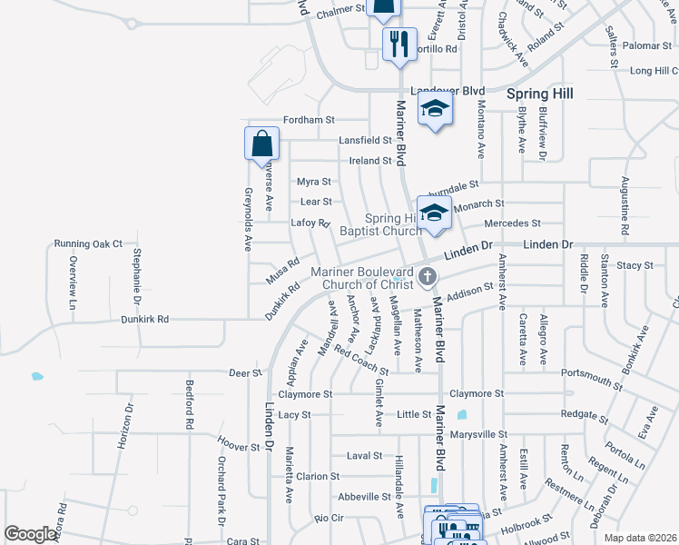 map of restaurants, bars, coffee shops, grocery stores, and more near 10422 Dunkirk Road in Spring Hill