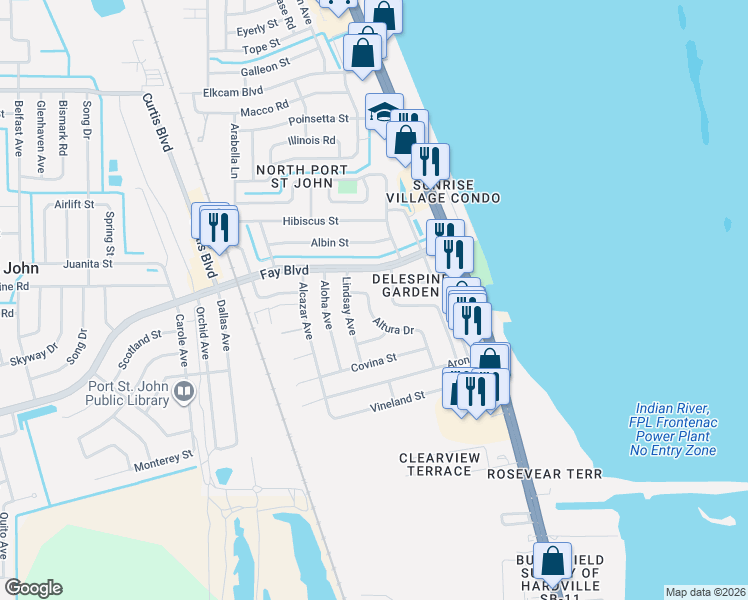 map of restaurants, bars, coffee shops, grocery stores, and more near 645 Altura Drive in Cocoa