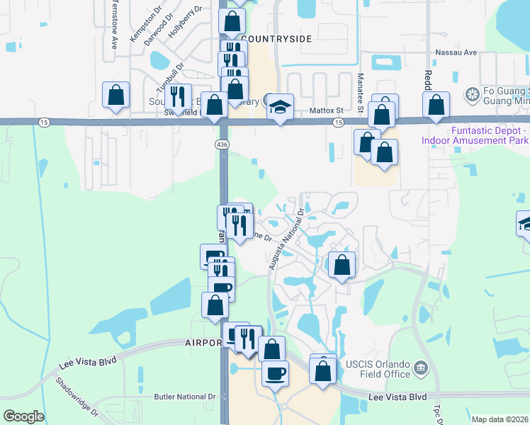 map of restaurants, bars, coffee shops, grocery stores, and more near 5743 Bent Pine Drive in Orlando