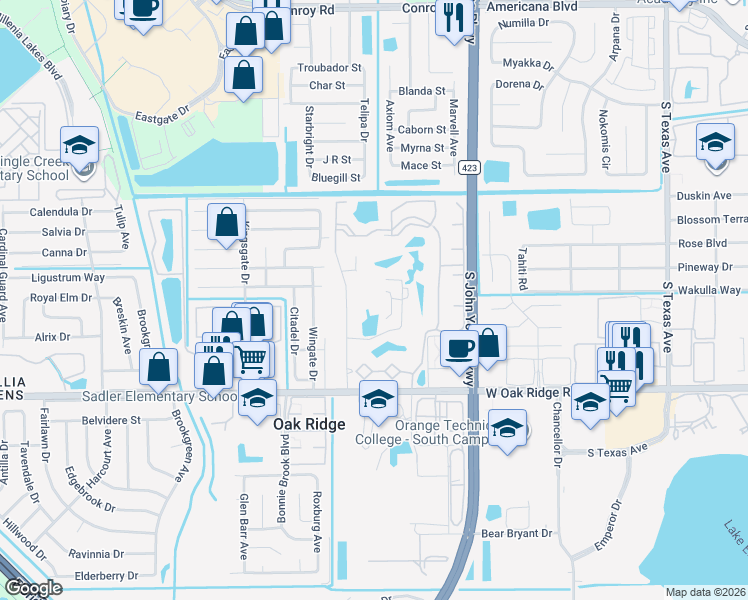 map of restaurants, bars, coffee shops, grocery stores, and more near 3726 Palm Desert Lane in Orlando