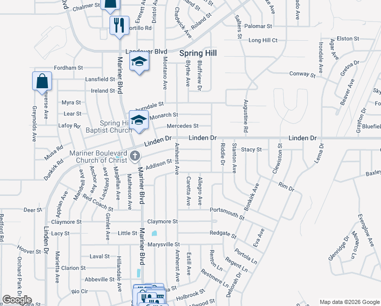 map of restaurants, bars, coffee shops, grocery stores, and more near 11192 Marquette Street in Spring Hill
